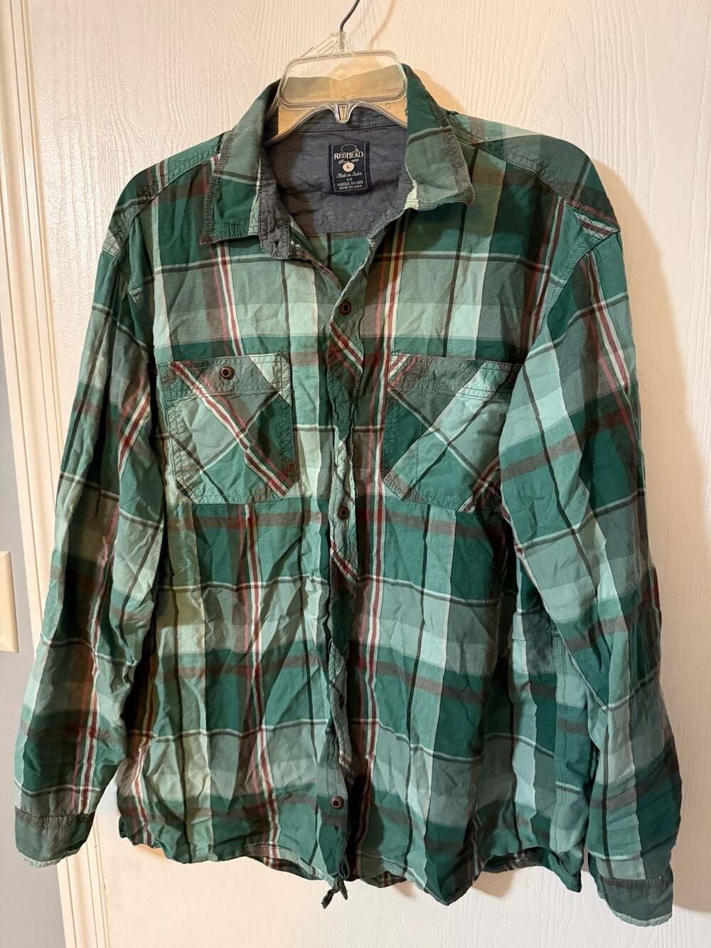 RedHead Plaid Long Sleeve Flannel Button-Down Shirt Size L Green